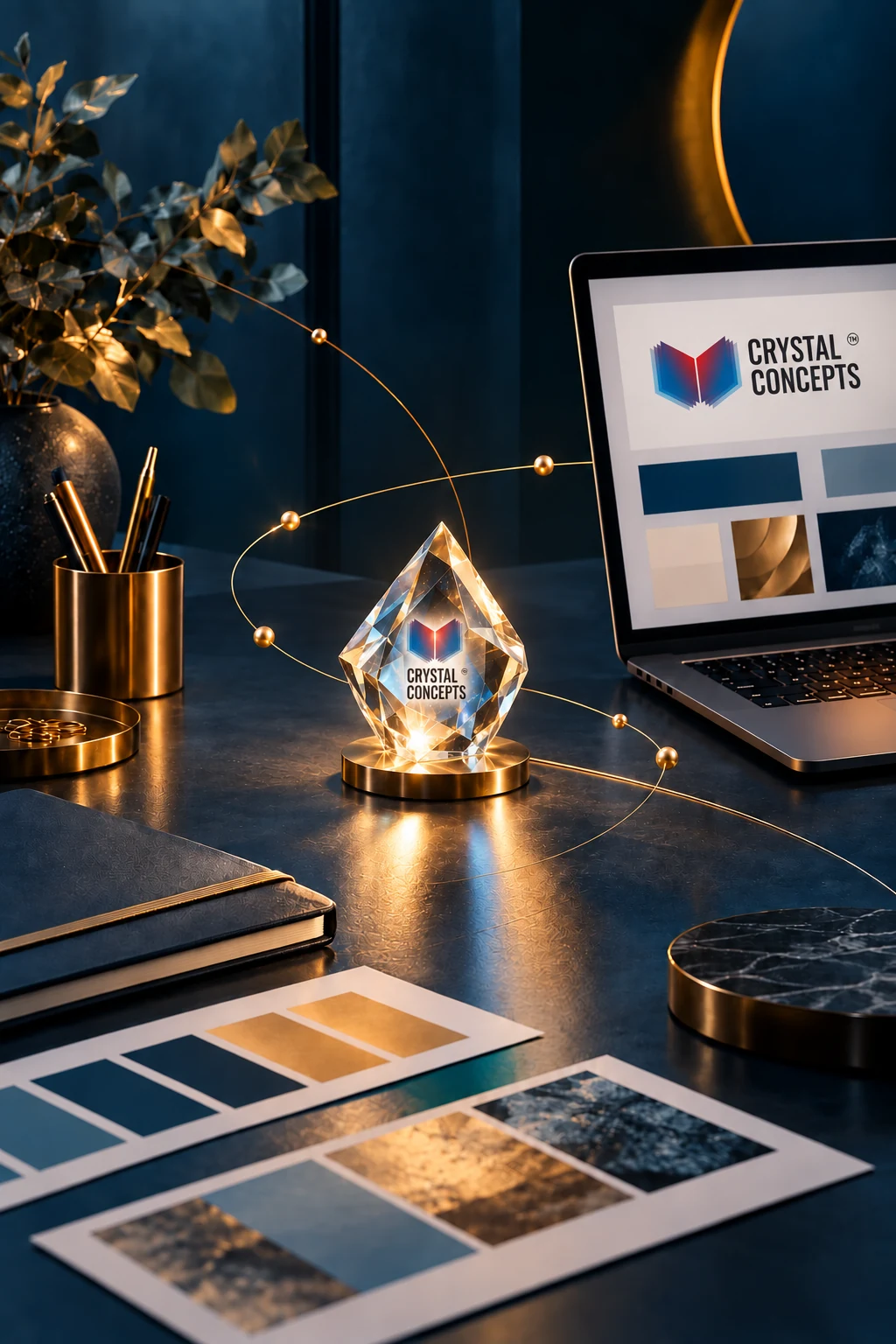 Crystal Concepts logos inside a glass crystal and on a laptop in a navy and gold studio
